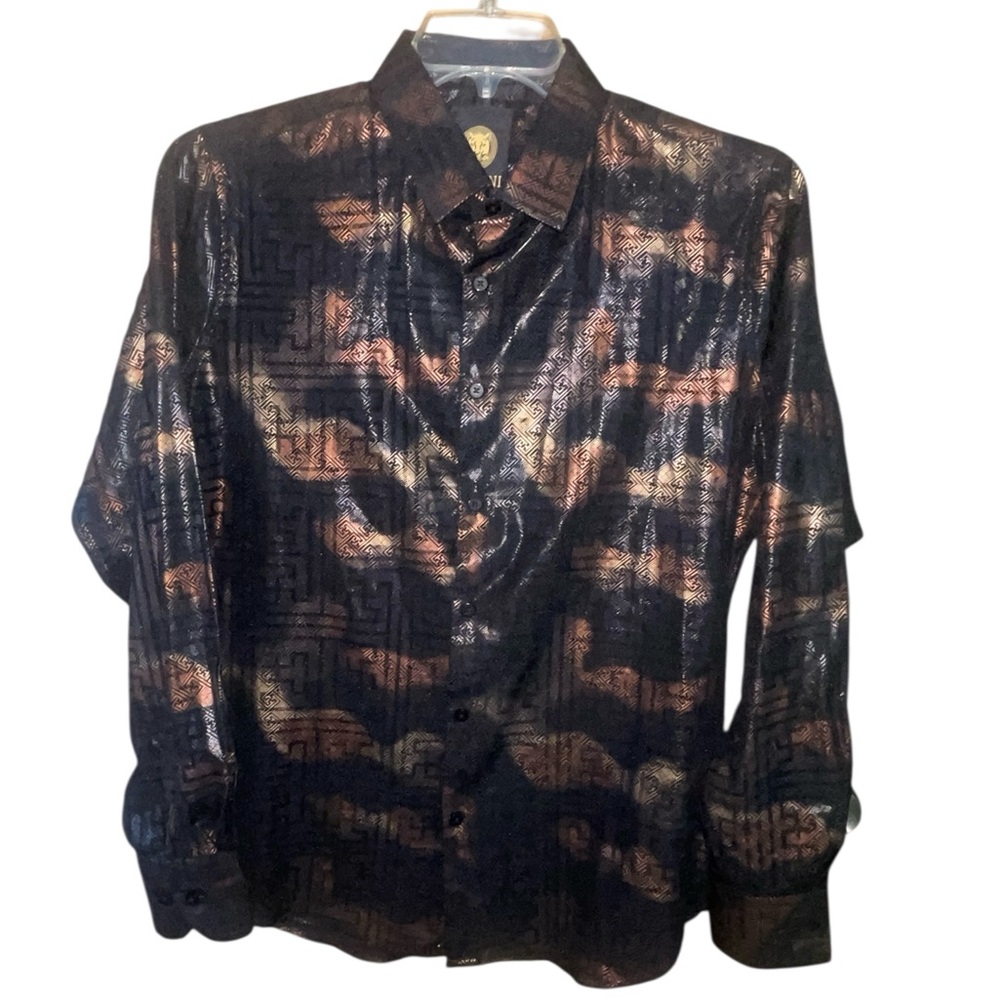 Platini black/bronze foiled Metallic button down shirt. Size medium GUC - Picture 7 of 10